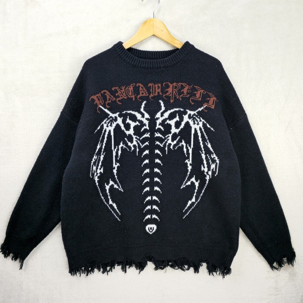 Vancarhell Knit Sweater L-XL Black Y2K Gothic Oversized Skeleton Whimsigoth